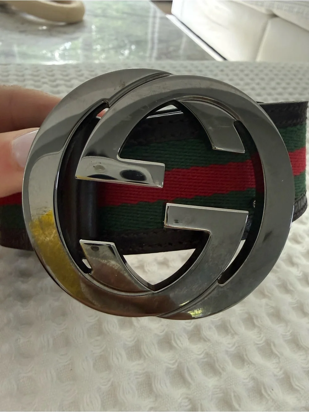 Gucci Green and Red Web Stripe Leather Belt with Silver GG Buckle